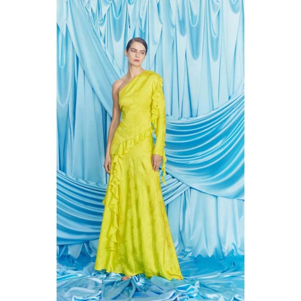 ALEJANDRA ALONSO ROJAS - One Shoulder Yellow Silk Ruffle Dress - US 4 - Picture 2 of 7